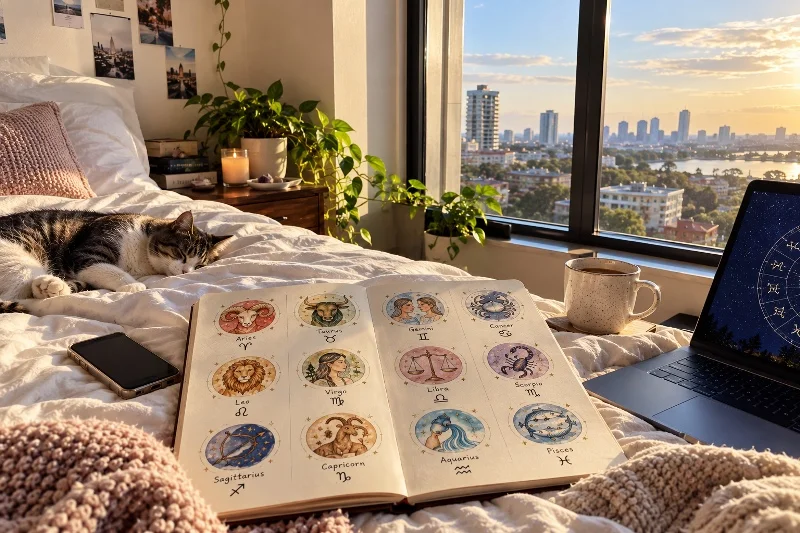 The 12 zodiac signs illustrated in an astrology notebook