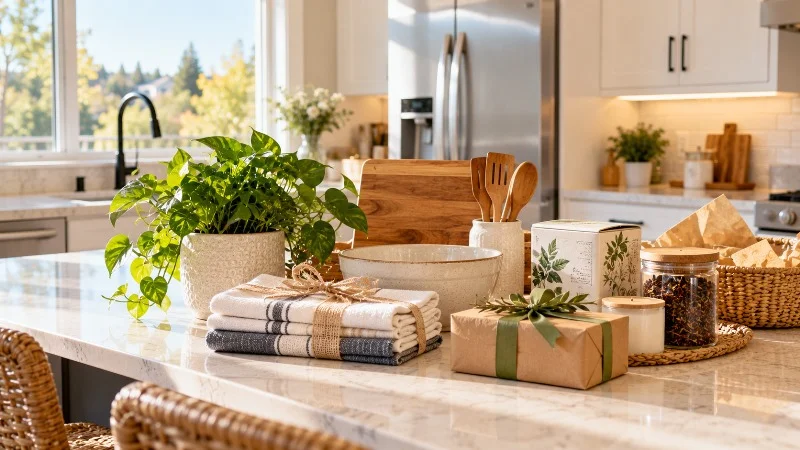 Practical housewarming gifts with kitchen towels, serving dishes, and tea