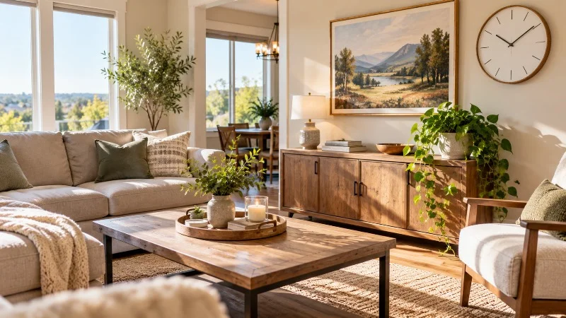 Housewarming gift ideas including wall art, a clock, and a potted plant