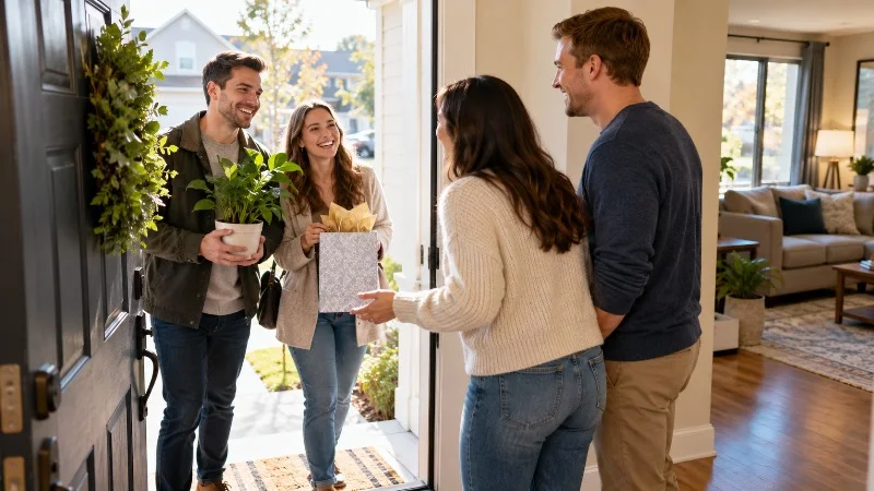 Friends bringing a housewarming gift to a family in their new home