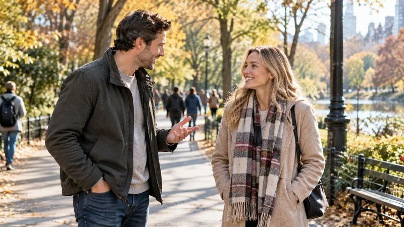 A man and woman having a friendly conversation on a tree-lined park path