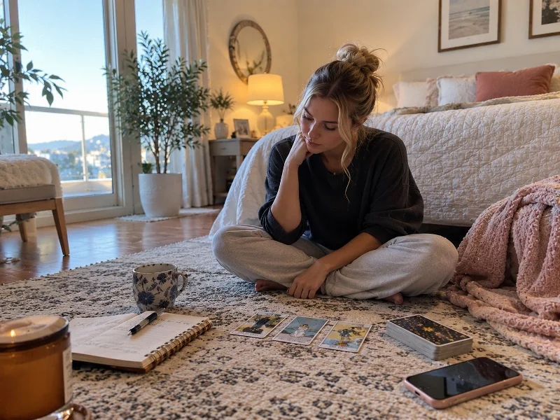 Beginner practicing a three-card Tarot reading at home
