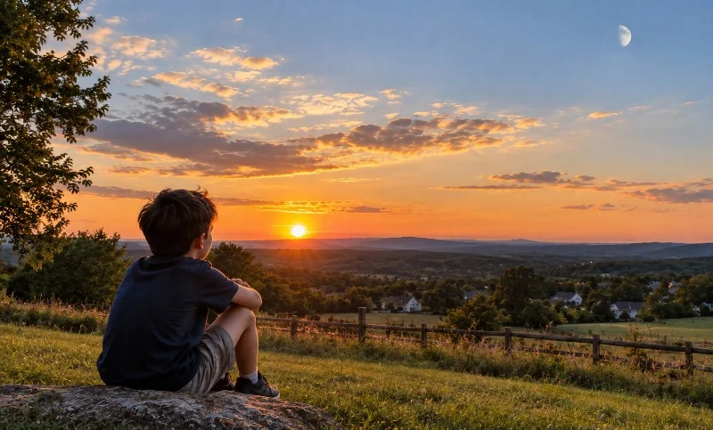 Boy watching the Sun and Moon over a countryside landscape
