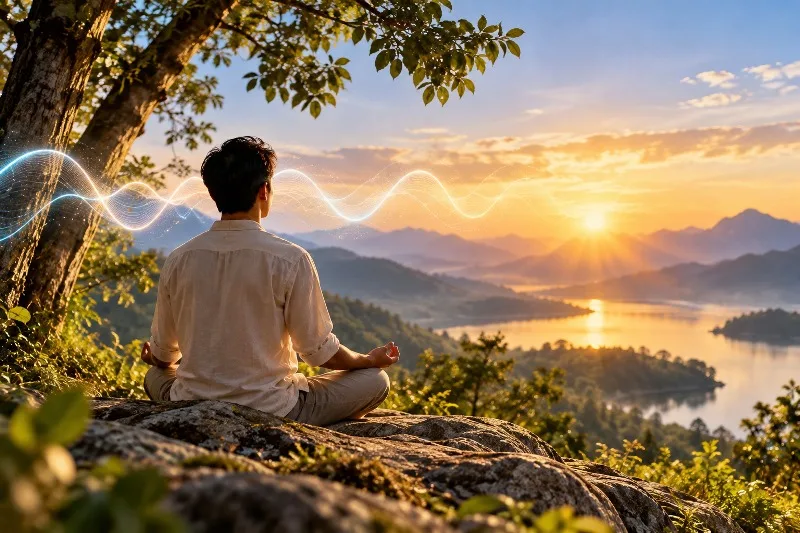 Meditation and Inner Awareness A man meditating peacefully in nature at sunrise and focusing on inner awareness