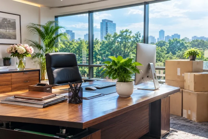 Small potted plant beside an executive desk in a new office