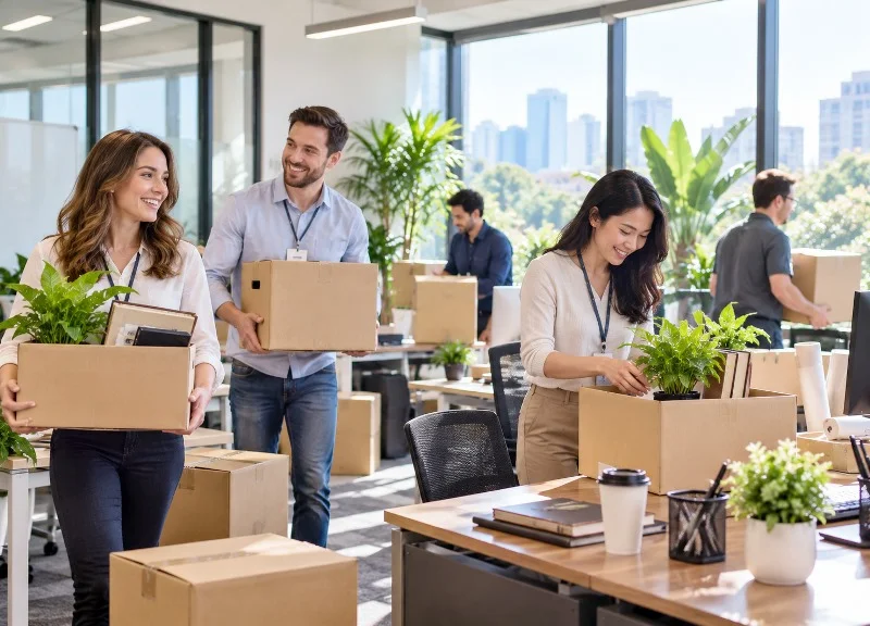 Employees moving boxes into a new office