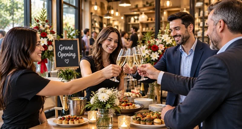 Guests raising champagne glasses to celebrate a new business