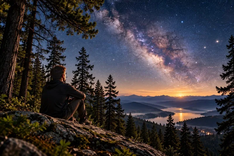 Reflecting on the Mind, Soul, and Universe A man contemplating the stars beneath the Milky Way in a reflection on the connection between mind soul and universe