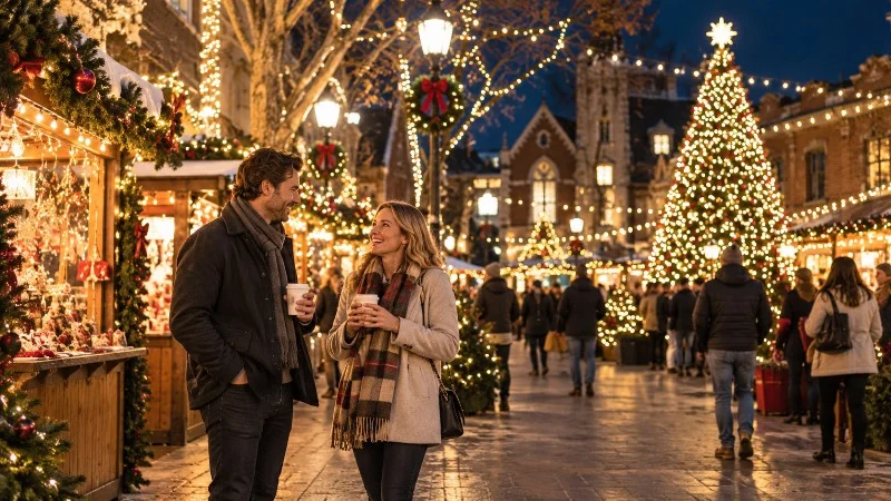 A man and woman chatting at a Christmas market surrounded by festive lights