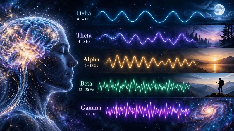 The Five Main Types of Brainwaves Illustration of delta theta alpha beta and gamma brainwave patterns