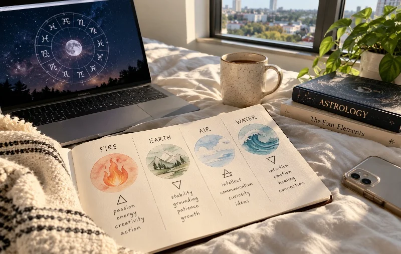 Fire, Earth, Air, and Water zodiac elements illustrated in a notebook