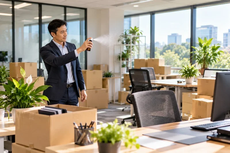 Preparing a new office with an aromatic cleansing spray