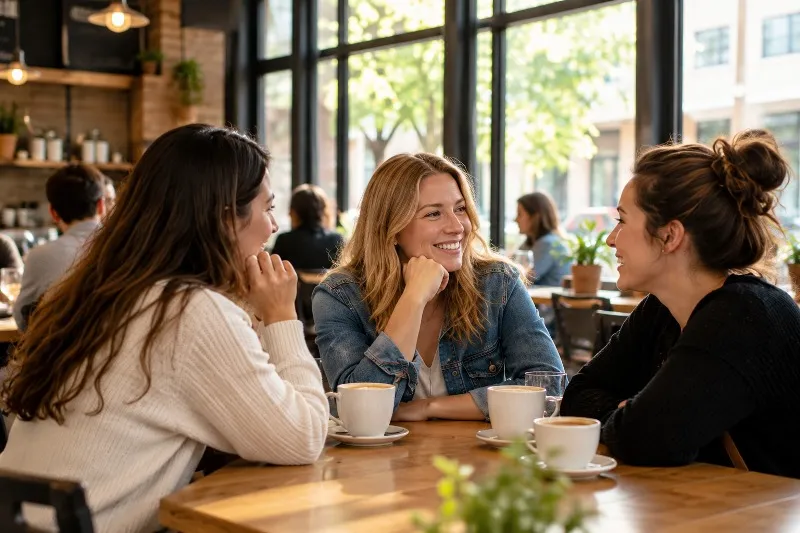 Three friends enjoying a conversation together at a coffee shop