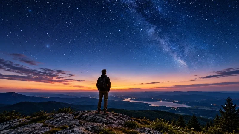 Person looking at the stars above a mountain landscape