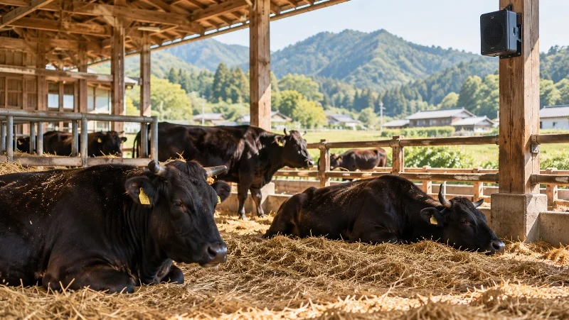 Japanese Wagyu cattle resting on a peaceful farm