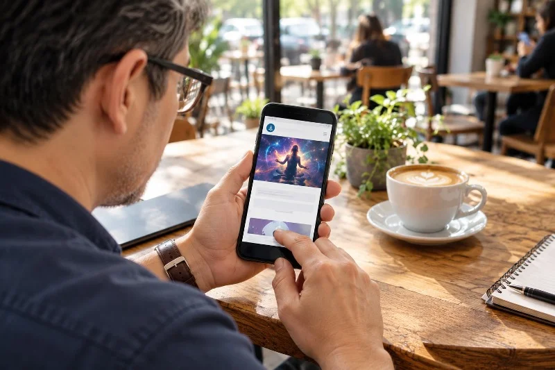 Man exploring a manifestation-related page on his smartphone in a café
