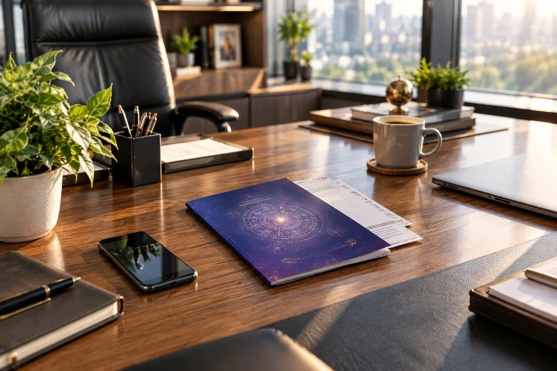 Illustrative astrology-inspired booklet on an executive office desk