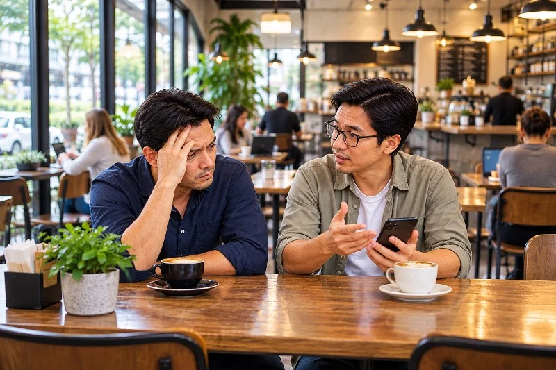 Two friends discussing manifestation over coffee in a café
