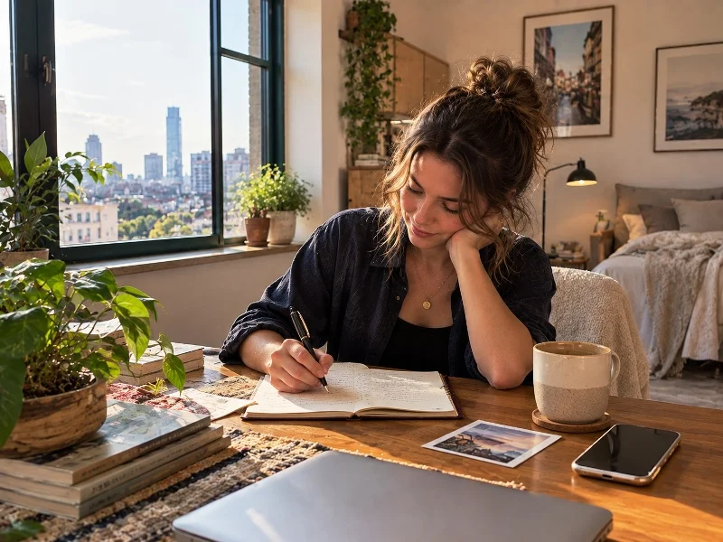 A woman writing about her hopes and intentions for a future relationship