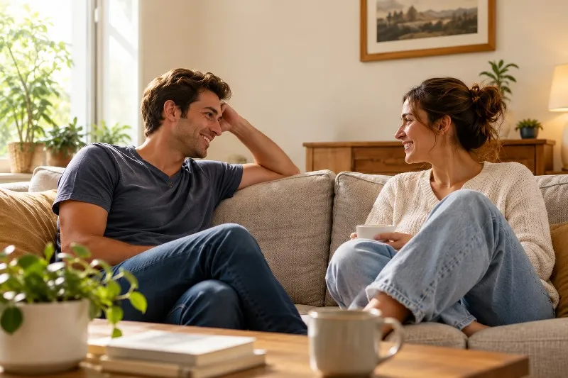 Married couple smiling and talking together on a sofa