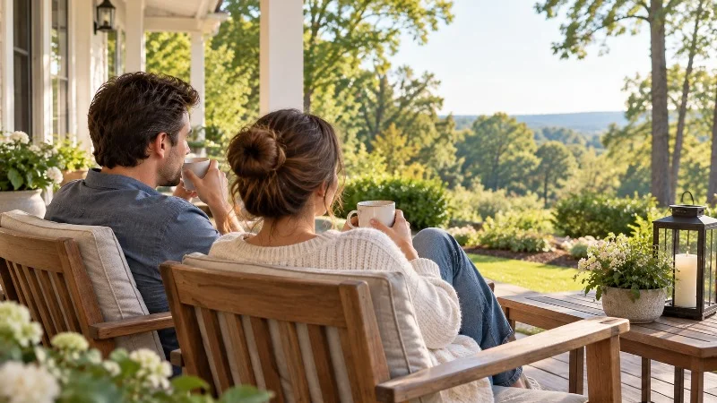 Couple relaxing together peacefully on their porch
