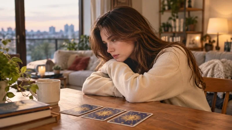 Young woman feeling sad after a breakup while sitting beside Tarot cards