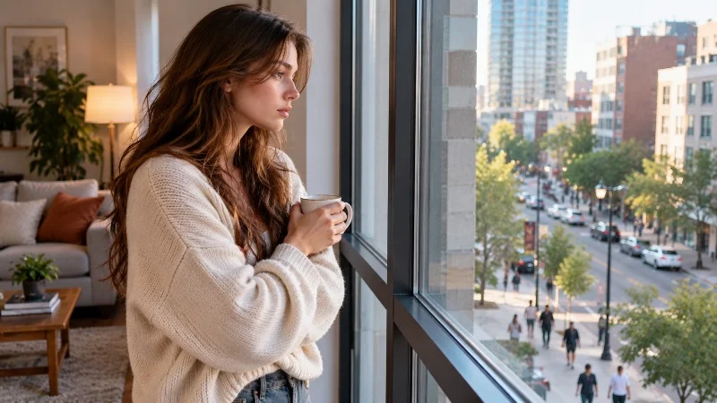 Young woman looking out an apartment window while reflecting on her relationship