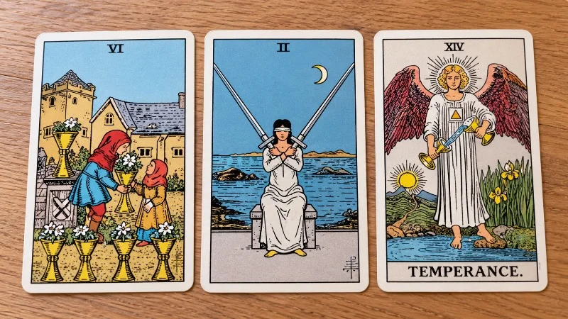 Six of Cups, Two of Swords, and Temperance Tarot cards arranged in a three-card spread