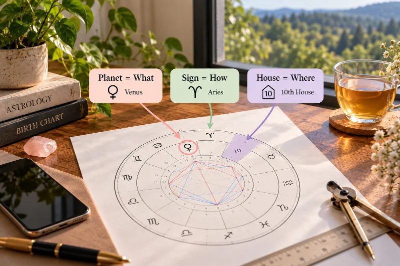 Astrology chart illustrating planet, zodiac sign, and house placements