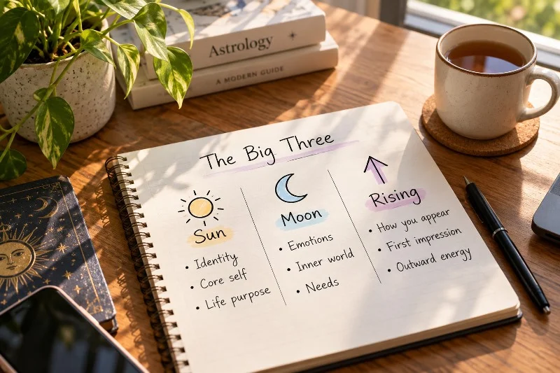 Sun Moon and Rising signs astrology study chart on a desk