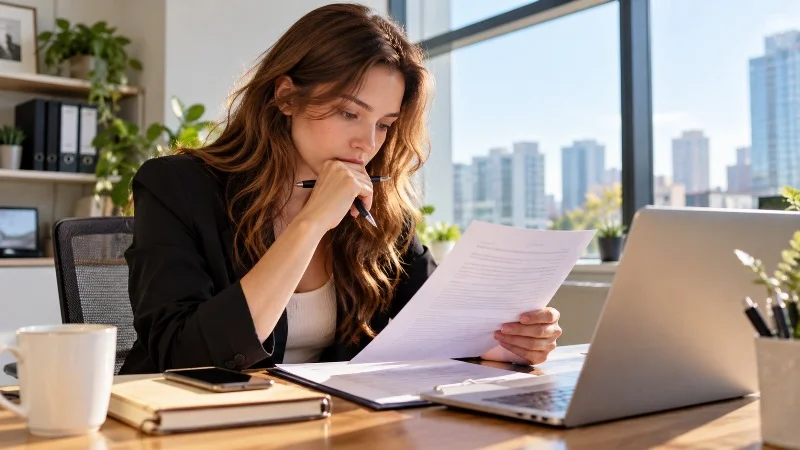 Young professional woman reviewing a job offer at her office desk
