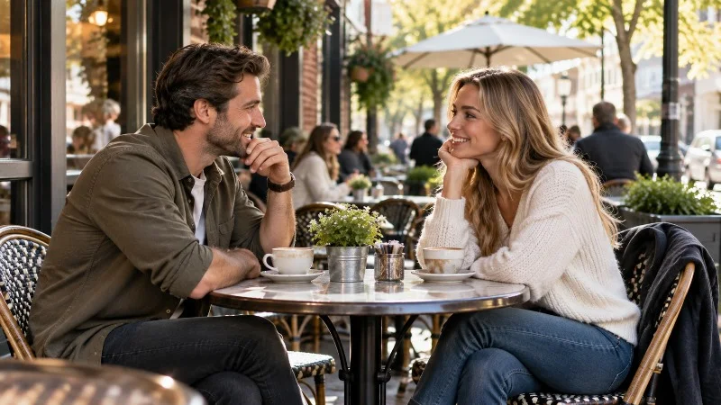 A man and woman smiling at each other during a conversation at an outdoor cafe