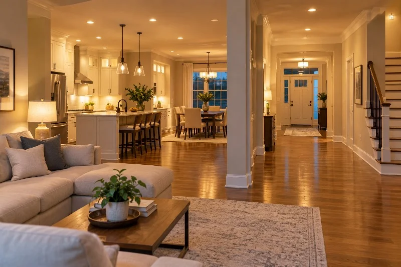 Lights turned on throughout a new home after moving in
