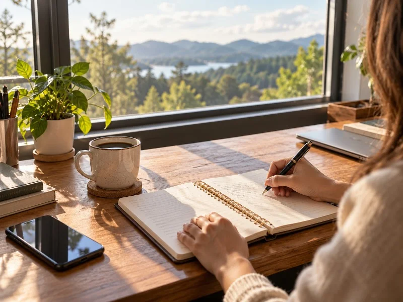 Hand writing personal goals in a notebook beside a window
